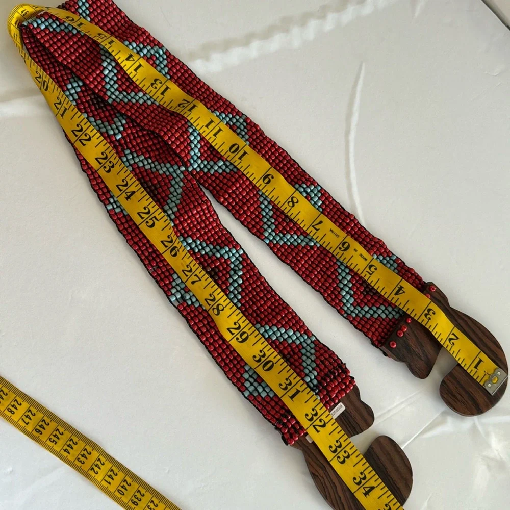 LC Women Handcrafted Orange Seed Beaded Stretch Belt with Wooden Buckle
